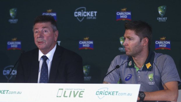 Chairman of selectors Rod Marsh and Michael Clarke at the announcement of Australia's World Cup squad in Sydney on Sunday.