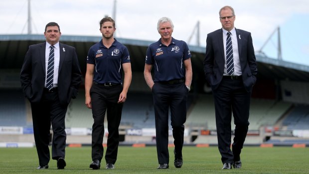 Carlton president Mark LoGiudice, captain Marc Murphy, former coach Mick Malthouse and CEO Steven Trigg pose for a photo in November last year