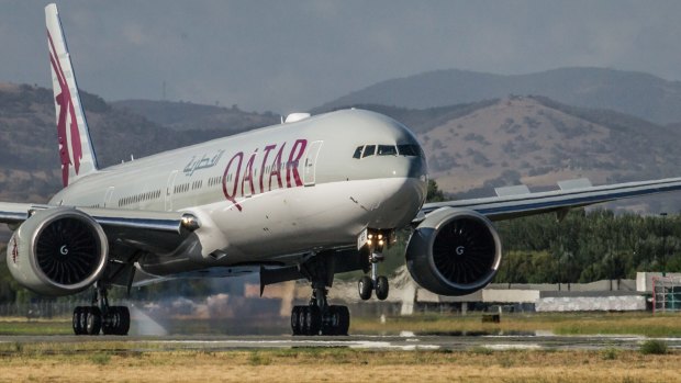 A Qatar Airways plane lands at Canberra international airport to launch the new daily service from Canberra to Doha, Qatar. 