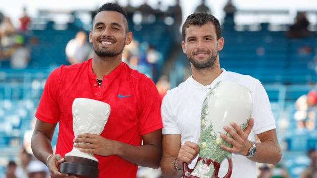 Reunited: Nick Kyrgios couldn't best Grigor Dimitrov in the Cincinatti Masters last year, but the Australian has most recent bragging rights.