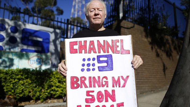 David Whittington protests the headquarters of Channel Nine headquarters in Sydney.