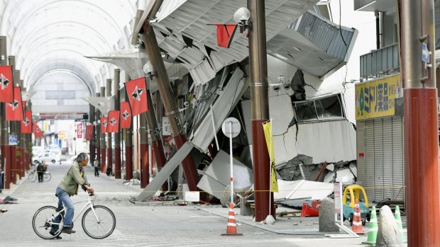 A shopping arcade destroyed by the earthquake in Kumamoto city, southern Japan on Saturday. 