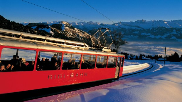 Riding the train from Vitznau to the summit of RigI.
