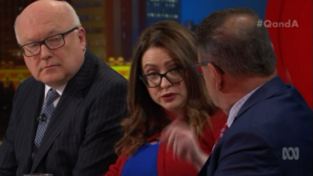 Van Badham speaks to Steve Price as George Brandis looks on.