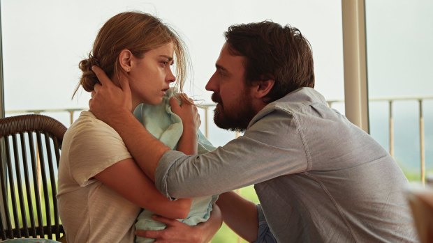 Joanna (Jenna Coleman), baby Noah and Alistair (Ewen Leslie) in The Cry.