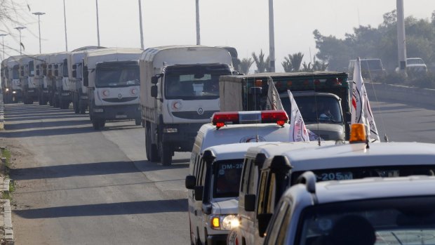 A convoy of trucks loaded with humanitarian supplies are seen heading to the besieged town of Madaya, Syria, for distribution as part of a large-scale UN-sponsored aid operation in the war-ravaged country. 