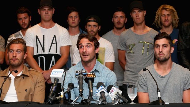 Jobe Watson and Essendon teammates at a press conference after they were cleared by the AFL anti-doping tribunal in March 2015.