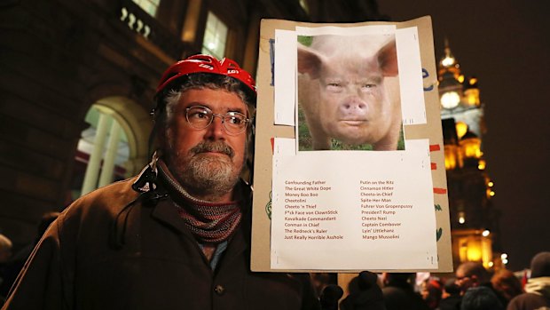 Demonstrators in Edinburgh, Scotland, protest against Donald Trump.