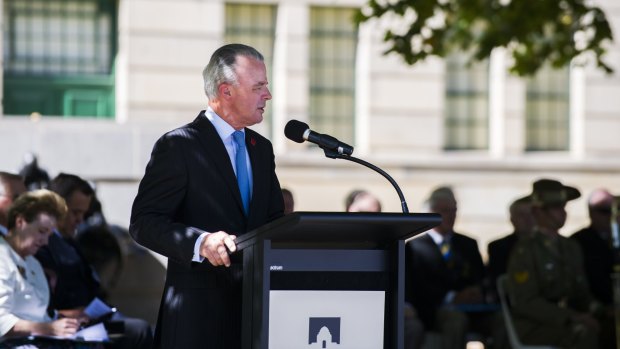 Australian War Memorial director Brendan Nelson addresses those attending the annual Aged Care Anzac wreath-laying ceremony.