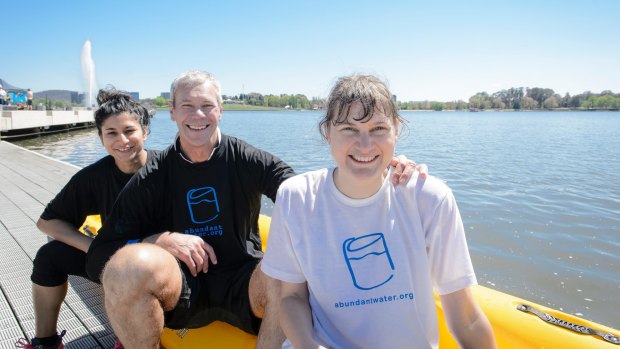 Runners up in the inaugural Lake Burley Griffin Water Week Challenge Cup Neha Pathak, Mike Goodyer, and Sophie Gulliver.
