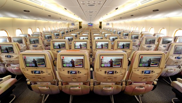 Emirates economy class on an Airbus A380 superjumbo.