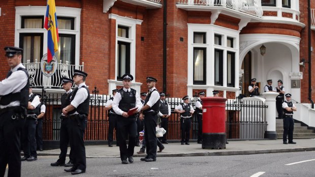 Police stand guard outside the Ecuadorian Embassy in 2012, where Julian Assange, founder of Wikileaks, sought refuge. 