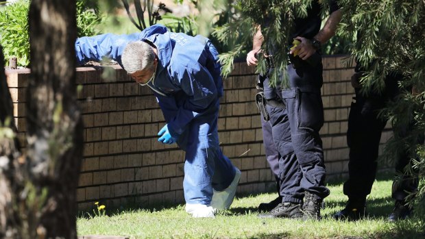 Forensic worker looks for evidence close to the house.