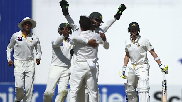 Off you go: Pakistan celebrate the dismissal of Brad Haddin on day five in Abu Dhabi.