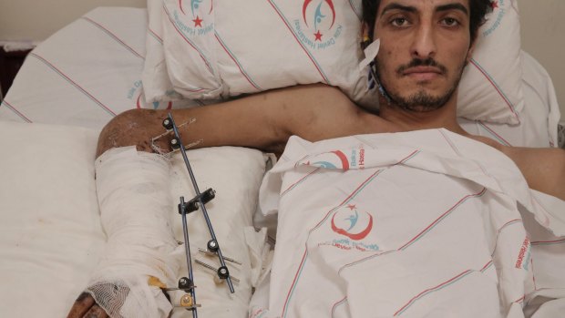 Ejnad Akkad, a fighter for the rebel Free Syrian Army, at a hospital in Kilis, Turkey.