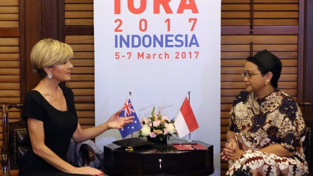 Foreign Minister Julie Bishop talks with her Indonesian counterpart Retno Marsudi during their meeting in Jakarta.