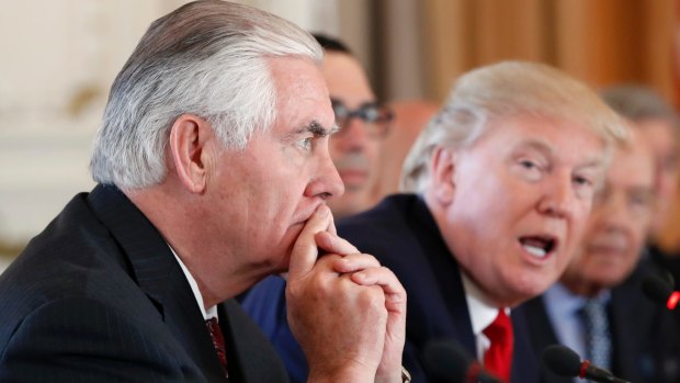 One the same page? US Secretary of State Rex Tillerson, left, in a meeting with President Donald Trump.