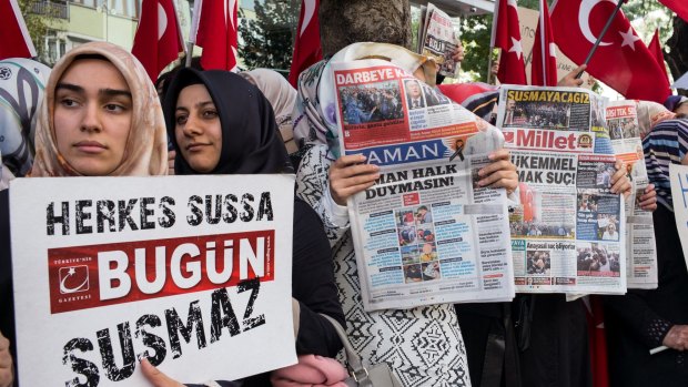 Supporters of the Koza-Ipek media group demonstrate for press freedom  in Istanbul, Turkey, in October.