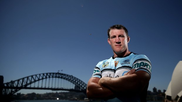 High-flyer: Sharks captain Paul Gallen was flown by helicopter to the 2016 season launch at Sydney Botanical Gardens courtesy of the NRL. Photo: Getty Images