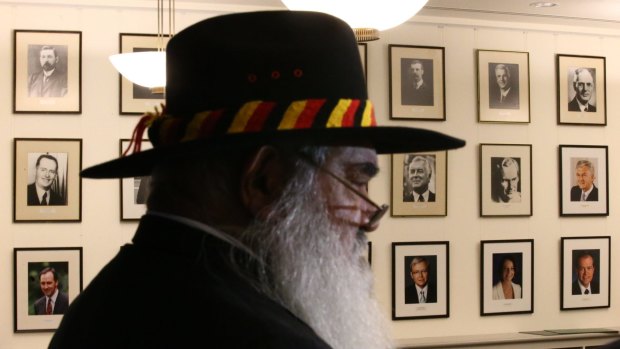 Professor Pat Dodson inside Labor's party room at Parliament House on Wednesday.