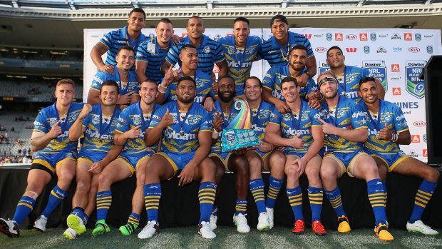 Tainted win: Eels players celebrate after winning the 2016 Auckland Nines grand final. The club has been stripped of the title.