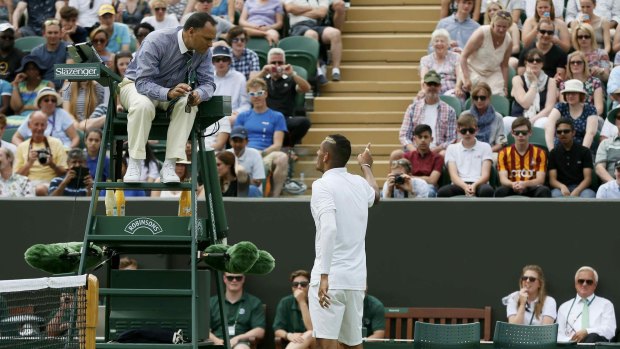 Nick Kyrgios remonstrates with the umpire during his first-round match on Monday.