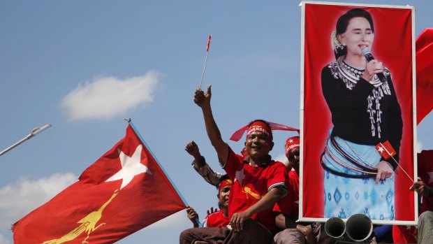 Supporters of Aung San Suu Kyi's National League for Democracy at a rally in Meiktila, in Myanmar's Mandalay Region.