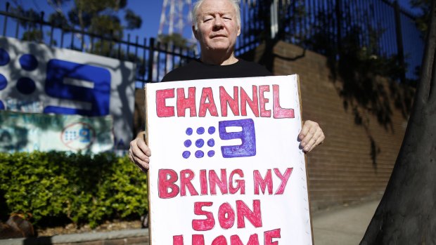 Adam Whittington's father David protested outside the Channel 9 headquarters in Sydney this week.