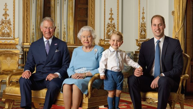 Enthralled by her family:  (L-R) Prince Charles, Prince of Wales, Queen Elizabeth II, Prince George and Prince William, Duke of Cambridge.