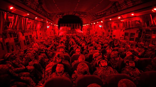 US soldiers on a military transport from Kyrgyzstan to Afghanistan in 2010. 