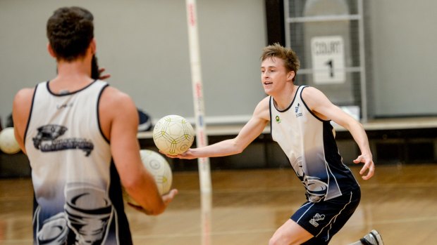 The Victorian men's netball team's Brodie Roberts training at Banyule Netball Stadium. 