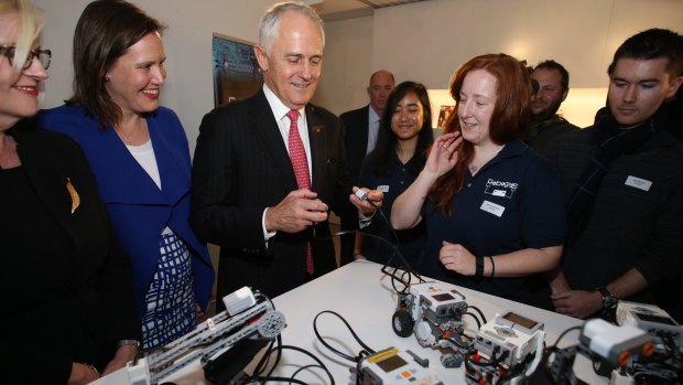 Mr Turnbull drove a robot with Robogals at Engineers Australia in Melbourne on Monday.