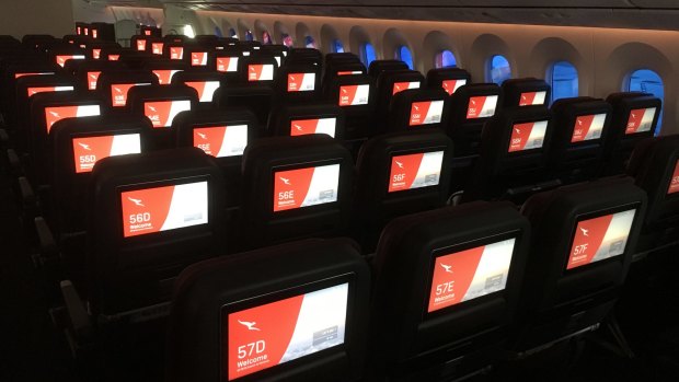 The Qantas Dreamliner economy class cabin.