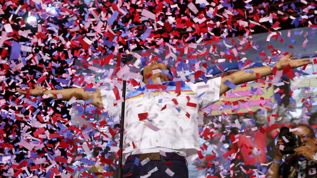 Confetti rain on Bongbong Marcos as he is introduced to supporters on his last campaign rally last week.