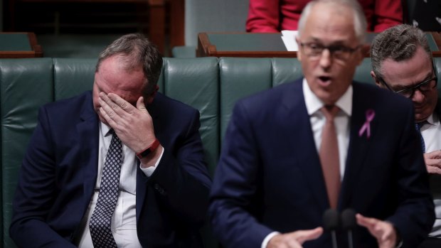 Deputy Prime Minister  Barnaby Joyce and Prime Minister Malcolm Turnbull during Question Time at Parliament House in Canberra on Thursday.