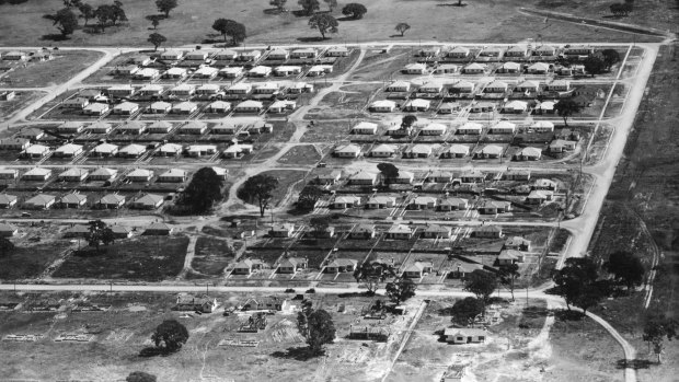 This aerial view, 1952, of O'Connor's Tocumwal houses shows the new development. Photo: Courtesy ACT Heritage Library