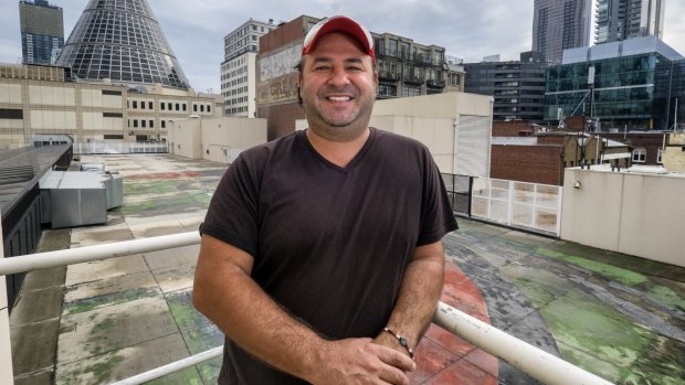 Bar owner Jerome Borazio on the rooftop of Melbourne Central shopping centre, where he and the centre's owners want to open a luxury camping site.