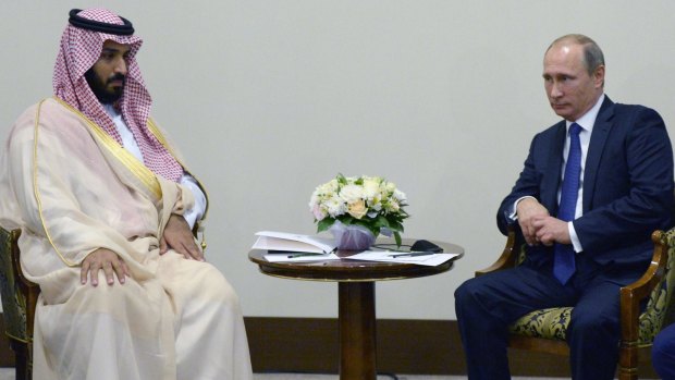 Russian President Vladimir Putin, right, and Saudi Second Deputy Prime Minister, Minister of Defence and Deputy Crown Prince Mohammed bin Salman bin Abdulaziz Al Saud in Sochi on Sunday.