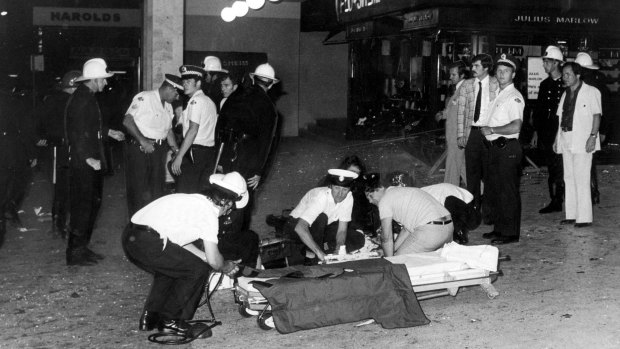 Emergency crews at the scene of the Sydney Hilton bombing in 1978.