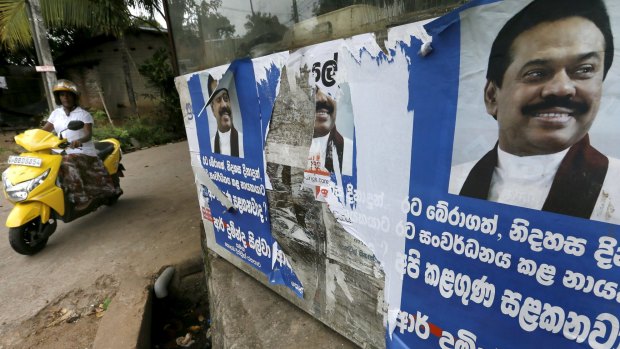 Election posters of Sri Lanka's former Sri Lankan president Mahinda Rajapaksa for the upcoming general election.