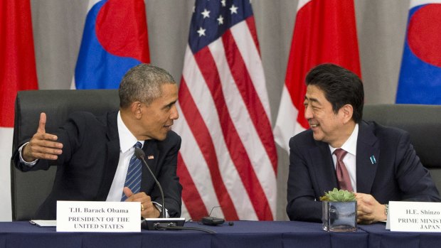 US President Barack Obama with Japanese Prime Minister Shinzo Abe at the Nuclear Security Summit in Washington in March. Obama will travel to Hiroshima this month.