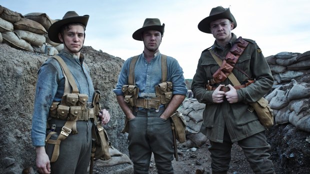 Dion Williams as 'Two-Bob', left, in <i>Gallipoli</i>, with Stewie (Travis Jeffery), and Chook (Lincoln Lewis).