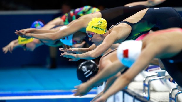 Swimmers start the 200-metre freestyle semifinal at the Rio Olympics.