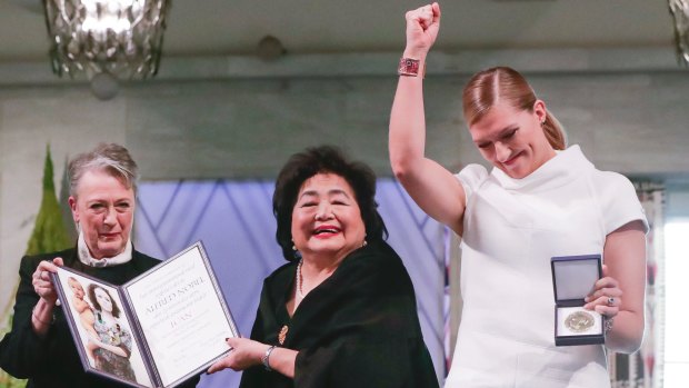 The leader of the Nobel committee Berit Reiss-Andersen, left, Hiroshima Survivor Setsuko Thurlow and ICAN Executive Director Beatrice Fihn in the City Hall Oslo, Norway, on Sunday.
