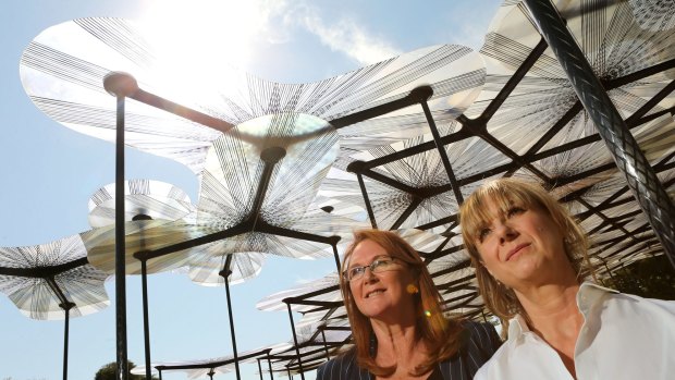 MPavilion founder Naomi Milgrom (left), and British architect Amanda Levete at the official opening of the MPavilion at Melbourne's Queen Victoria Gardens on Monday.