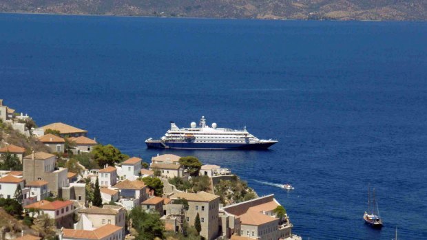 SeaDream at anchor off Hydra in Greece.
