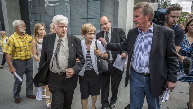 Allison Baden-Clay's parents Geoff and Priscilla Dickie leave the Court of Appeal after Gerard Baden-Clay's murder conviction was overturned on appeal.