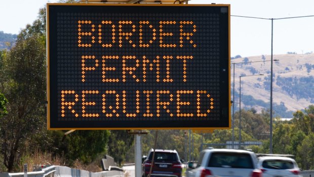 A sign warning of the border permit system at the NSW/Victoria border at Albury.