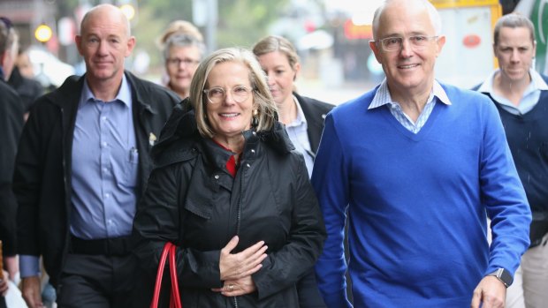 Prime Minister Malcolm Turnbull , with wife Lucy, at Bondi Junction on Saturday morning.