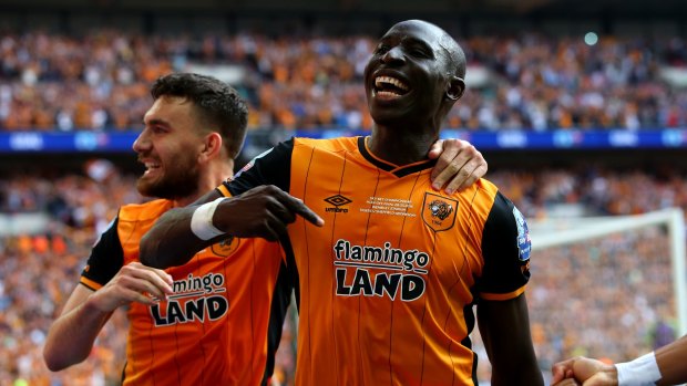 Joy: Mohamed Diame celebrates scoring the first goal during the Championship final between Hull City and Sheffield Wednesday at Wembley Stadium.